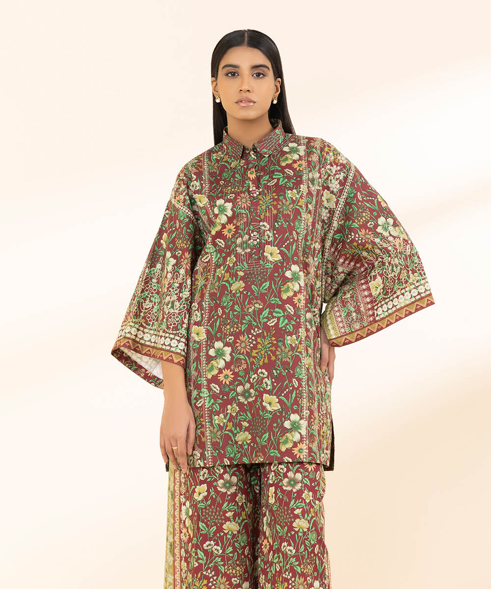 Unstitched Women's Printed Lawn Brown Two Piece Suit 