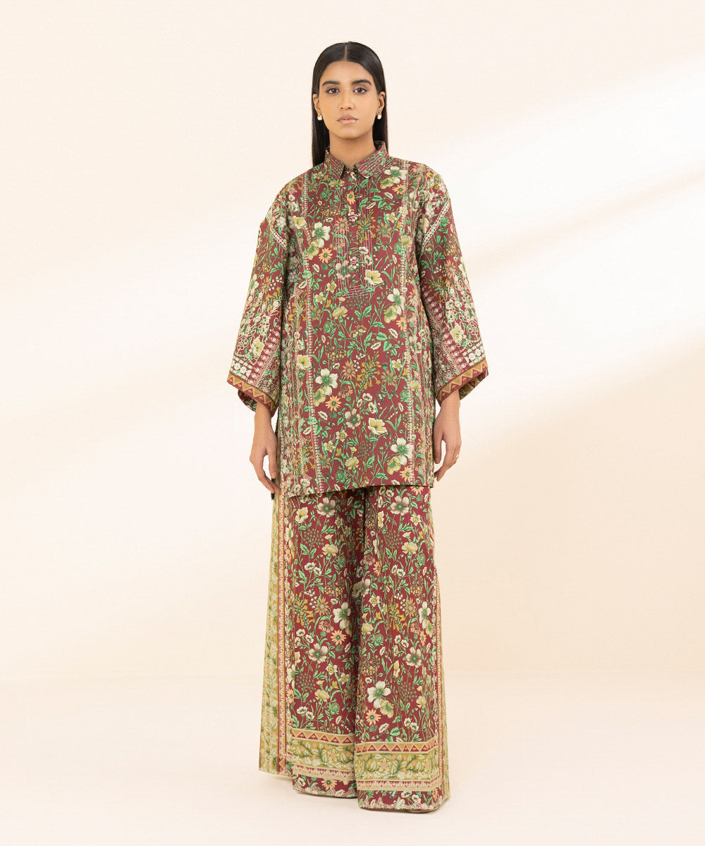 Unstitched Women's Printed Lawn Brown Two Piece Suit 