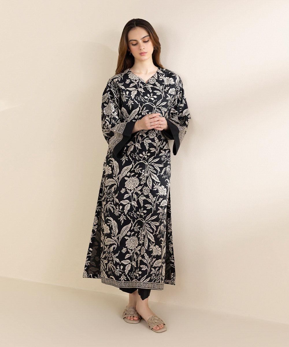 Unstitched Women's Printed Lawn Black Shirt Trousers