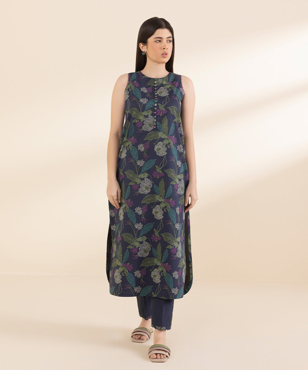 Unstitched Women's Printed Lawn Blue Shirt Trousers