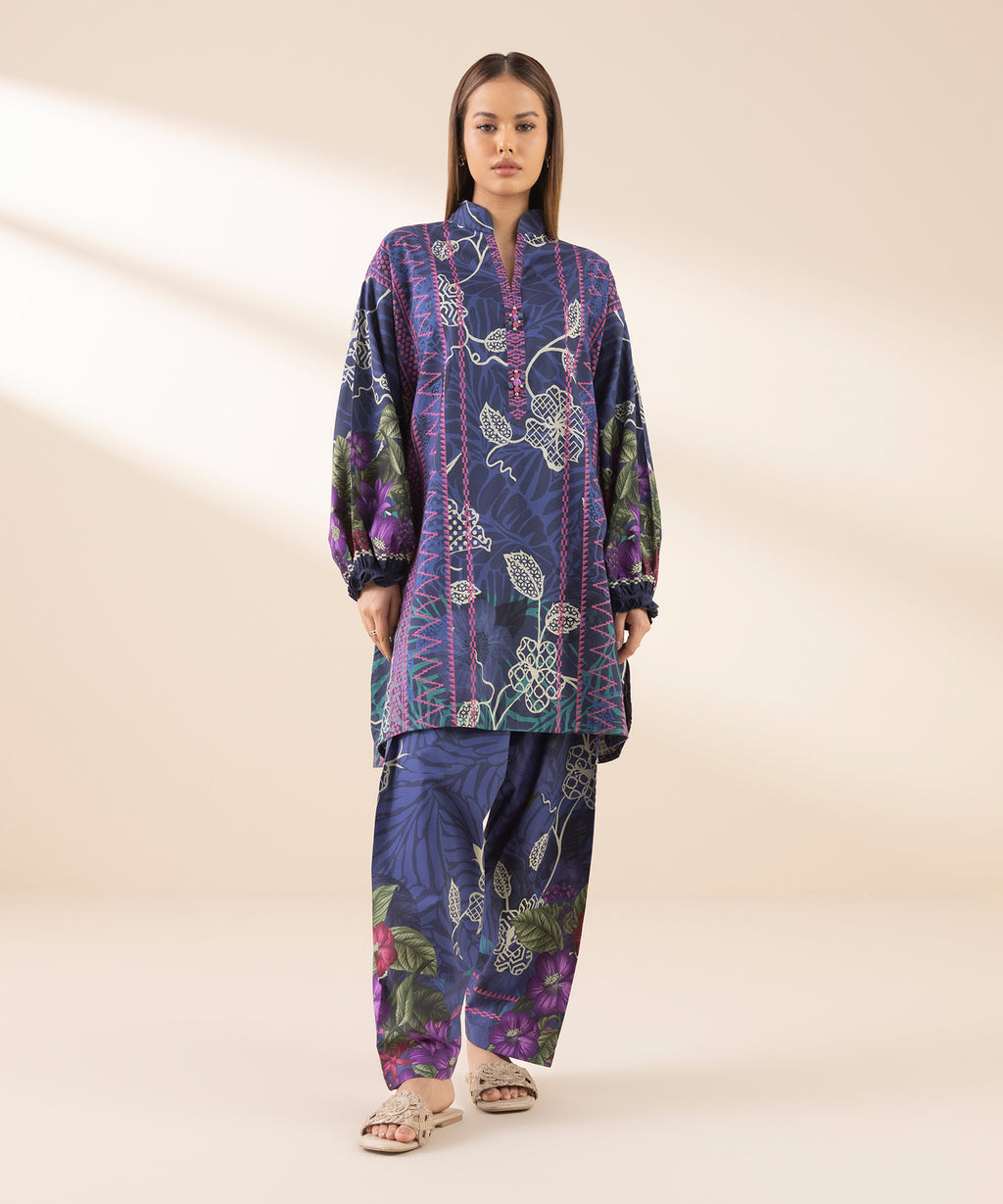 Women's Unstitched Lawn Printed Blue 2 Piece Suit