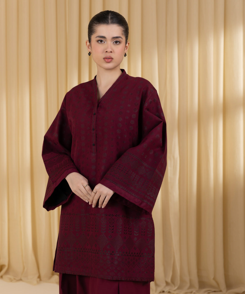 Unstitched Women's Red Extra Weft Jacquard Shirt Trousers