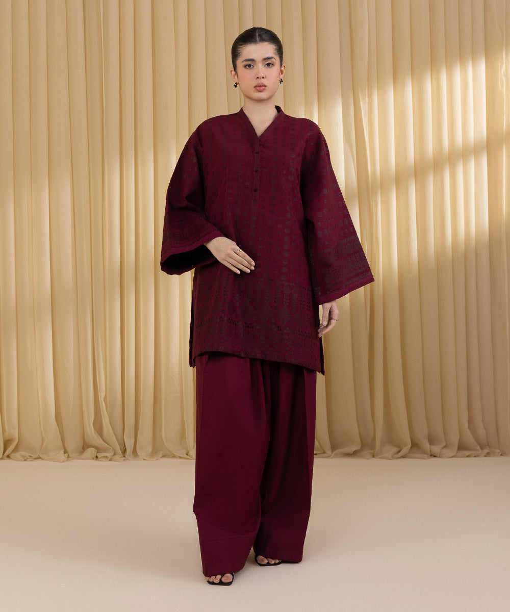 Unstitched Women's Red Extra Weft Jacquard Shirt Trousers