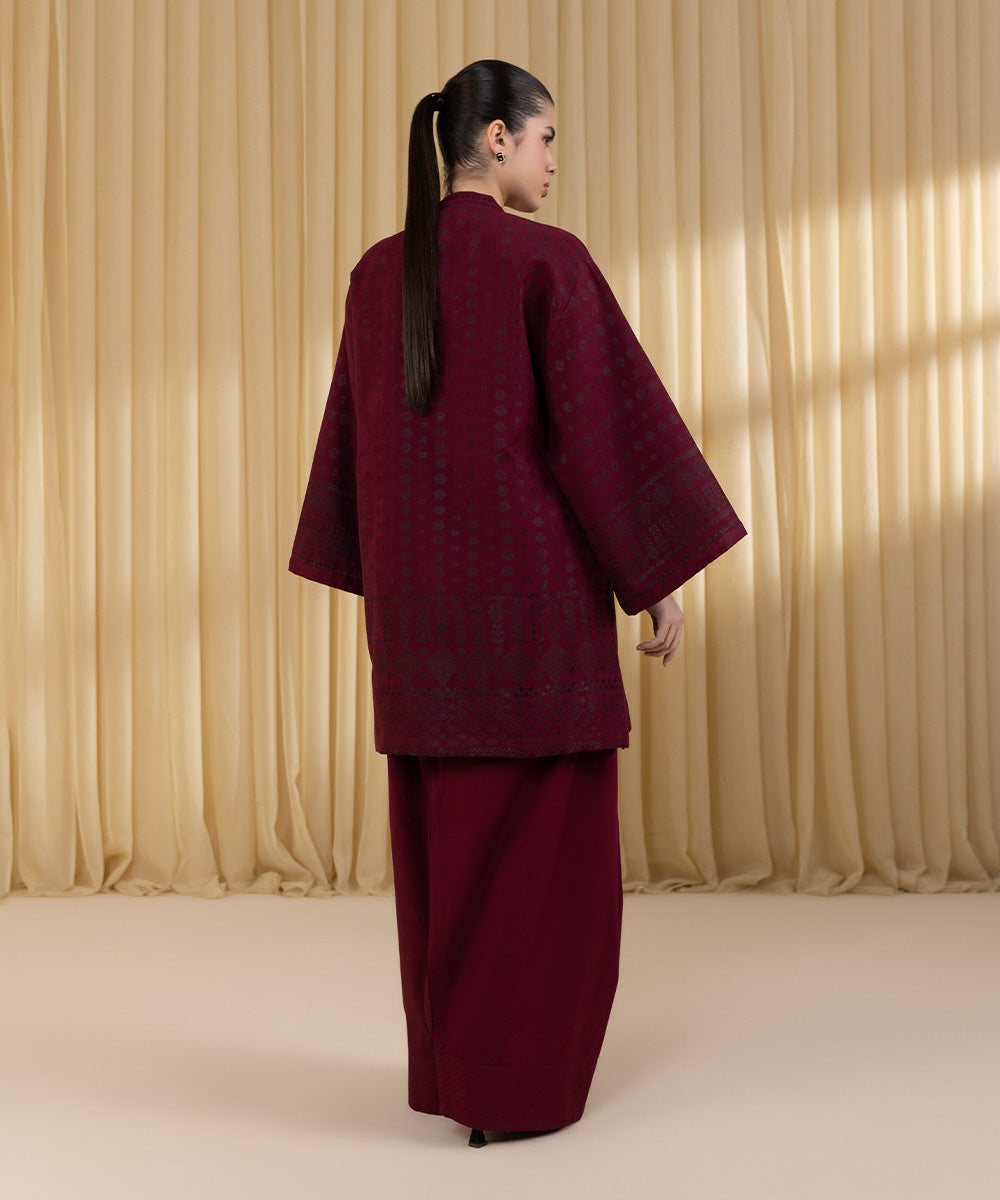Unstitched Women's Red Extra Weft Jacquard Shirt Trousers