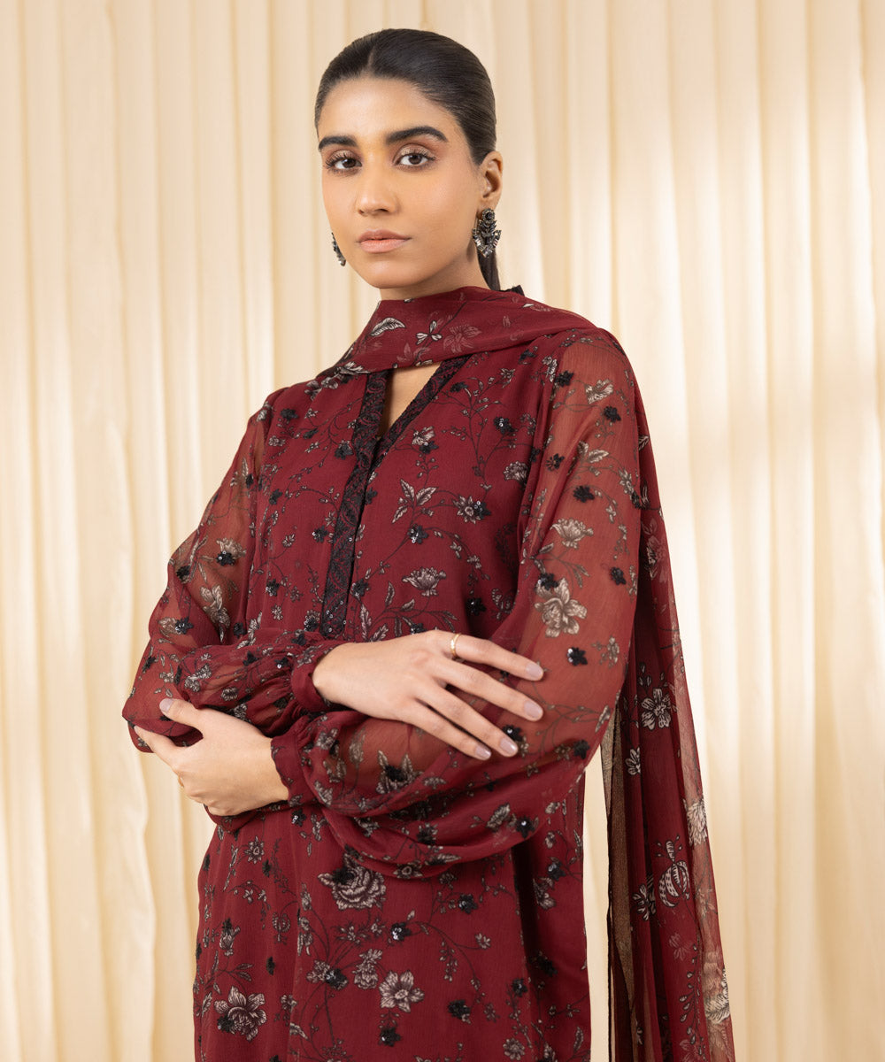 Unstitched Women's Embroidered Blended Chiffon Red Three Piece Suit