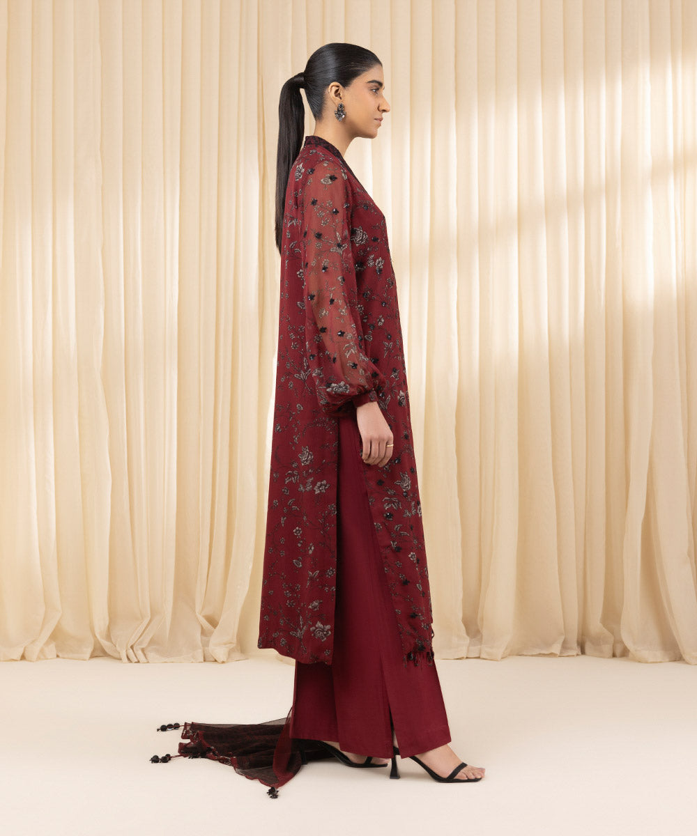 Unstitched Women's Embroidered Blended Chiffon Red Three Piece Suit