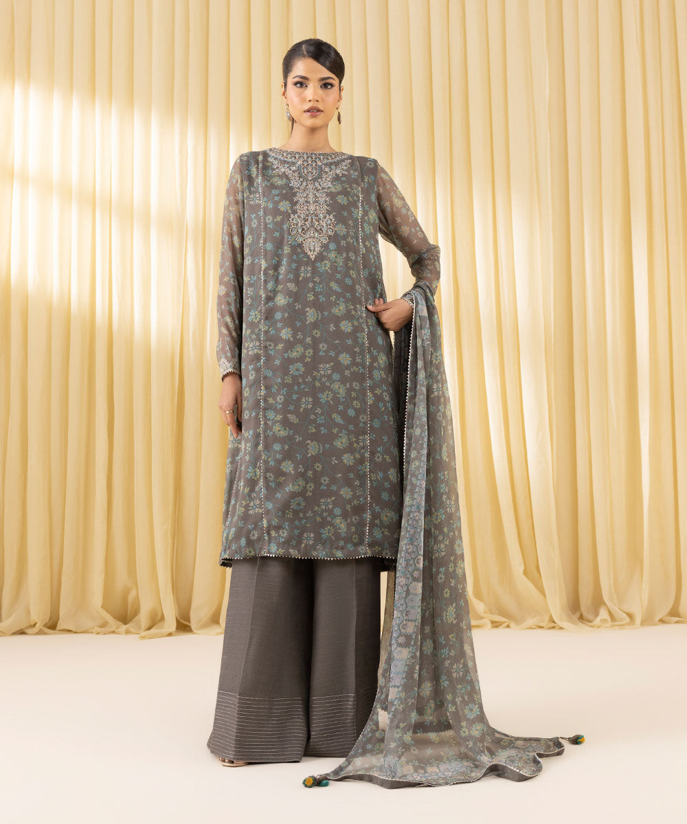 Women's Unstitched Blended Chiffon Embroidered Grey 3 Piece Suit
