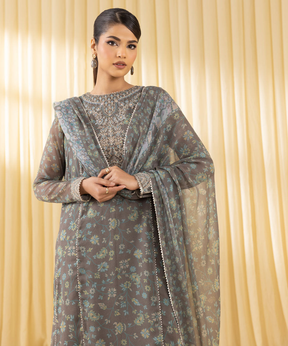 Women's Unstitched Blended Chiffon Embroidered Grey 3 Piece Suit