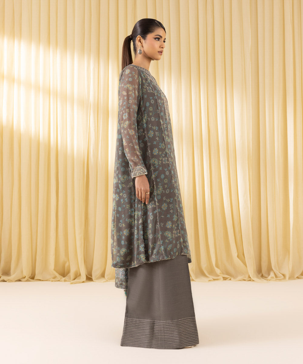 Women's Unstitched Blended Chiffon Embroidered Grey 3 Piece Suit