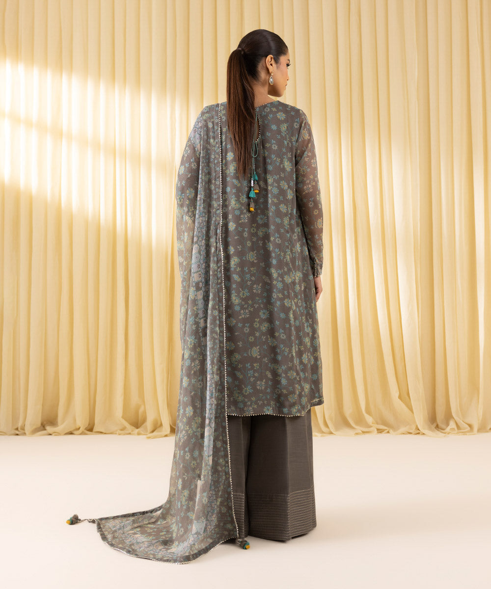 Women's Unstitched Blended Chiffon Embroidered Grey 3 Piece Suit