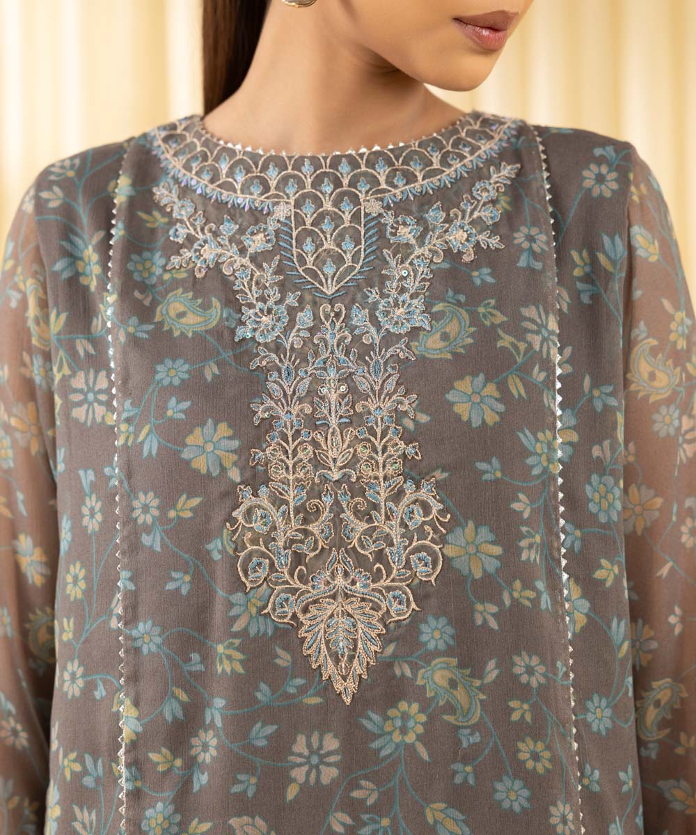 Women's Unstitched Blended Chiffon Embroidered Grey 3 Piece Suit