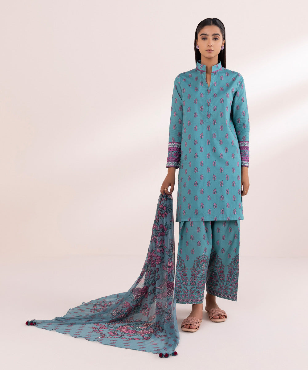 Women's Unstitched Lawn Blue Printed 3 Piece Suit