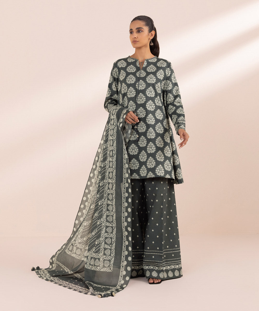 Women's Unstitched Lawn Grey Printed 3 Piece Suit