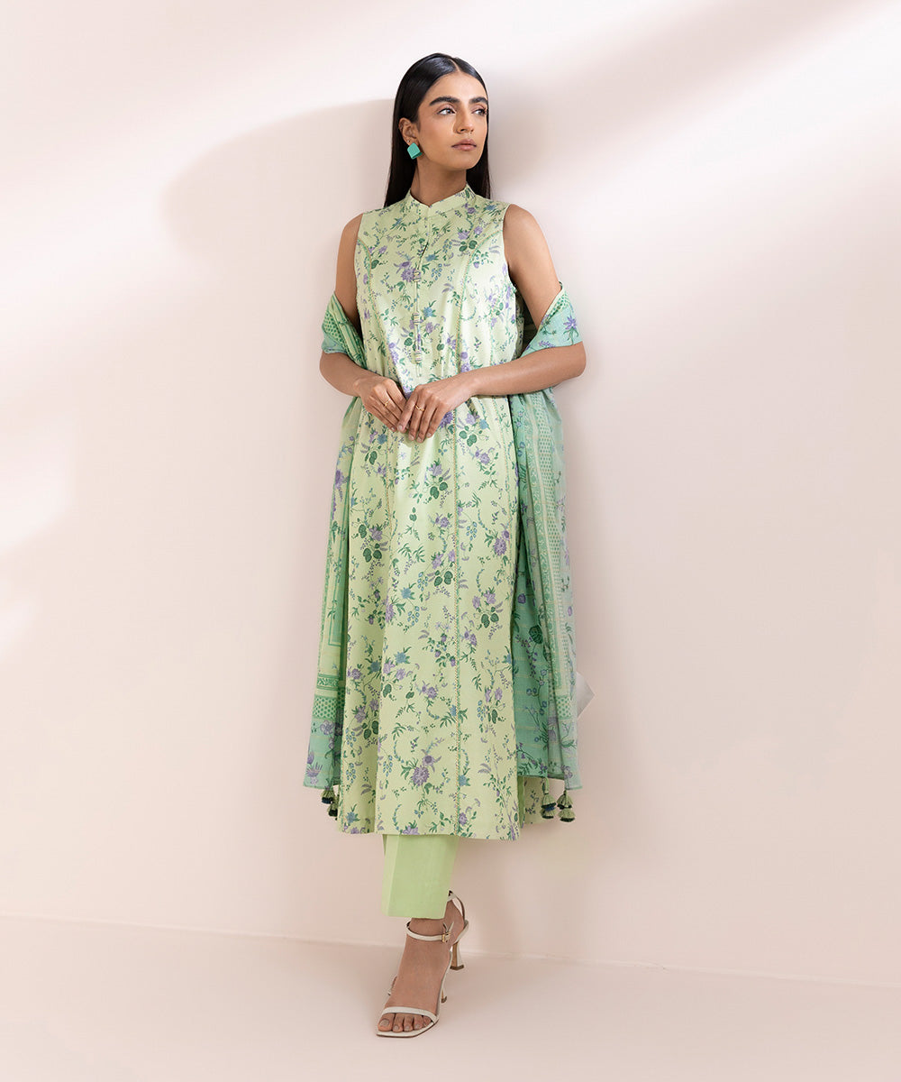 Women's Unstitched Zari Lawn Green Printed 3 Piece Suit