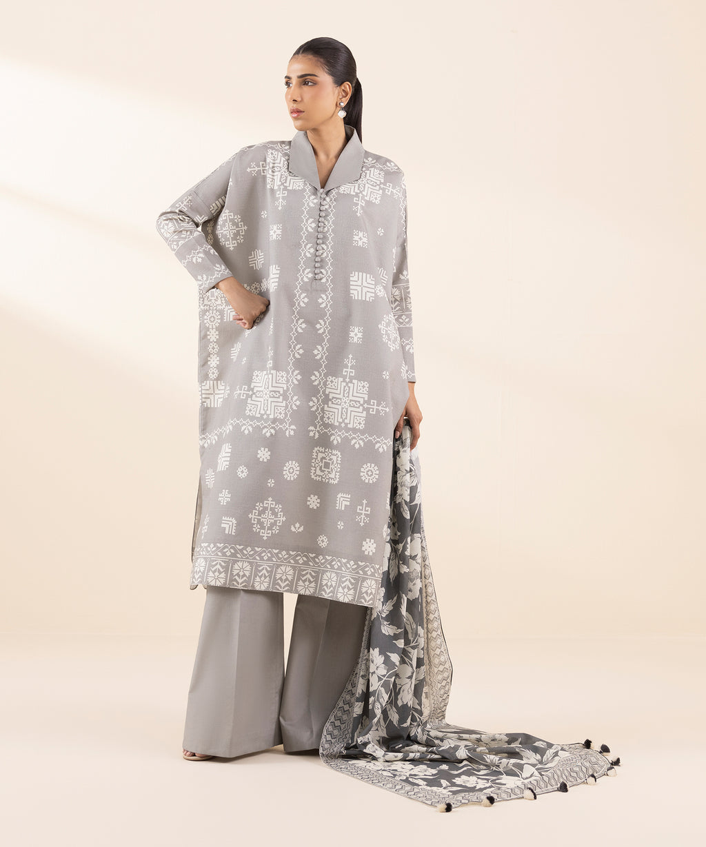 Women's Unstitched Lawn Printed Grey 3 Piece Suit