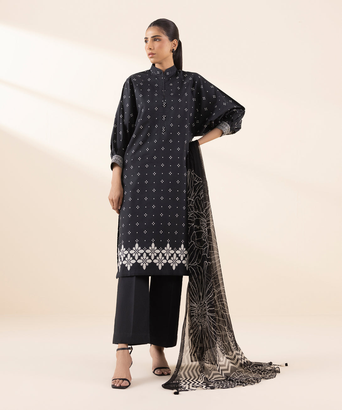 Women's Unstitched Lawn Printed Black 3 Piece Suit