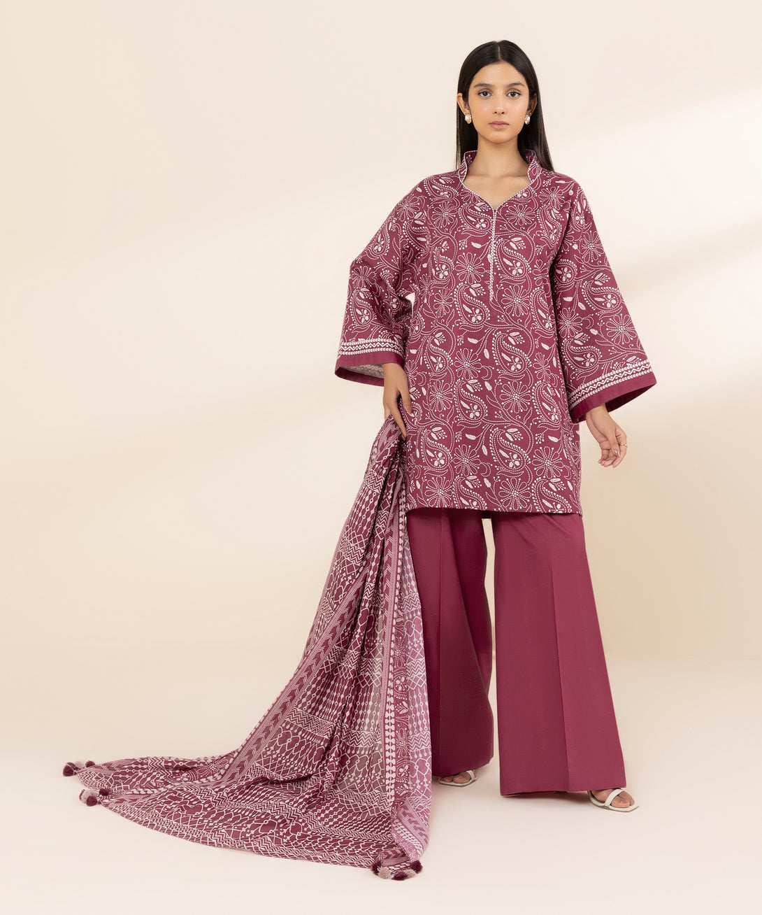 Women's Unstitched Lawn Printed Red 3 Piece Suit