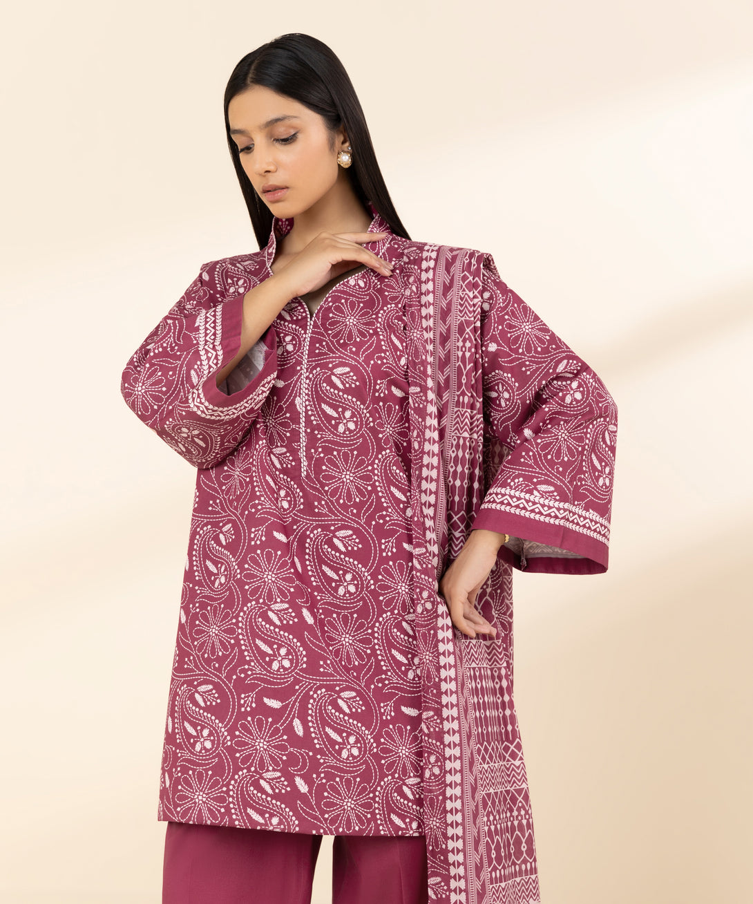 Women's Unstitched Lawn Printed Red 3 Piece Suit