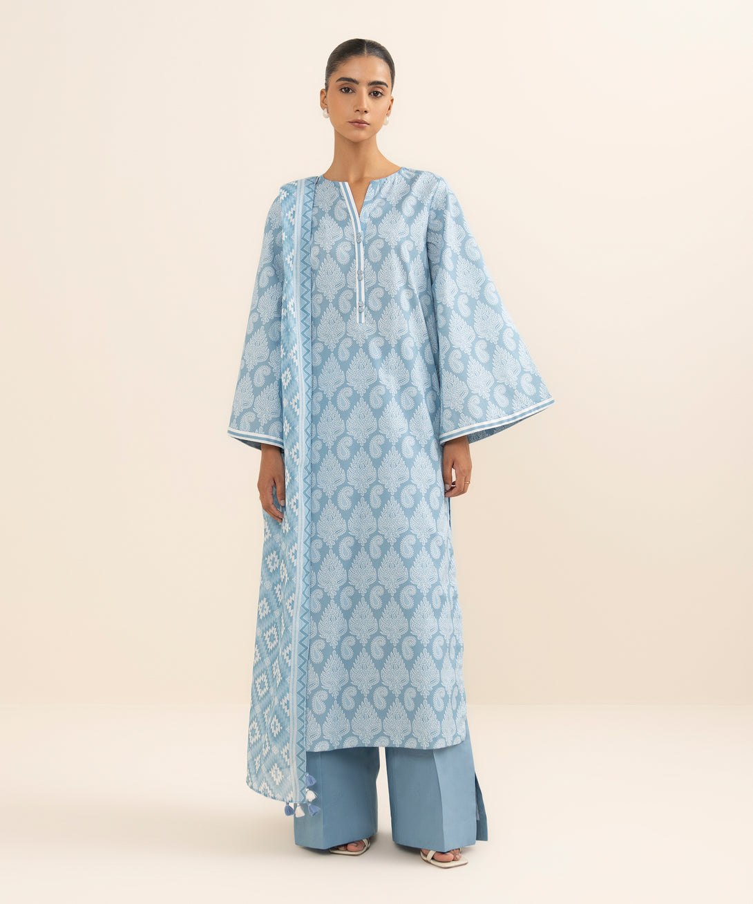 Women's Unstitched Lawn Printed Blue 3 Piece Suit