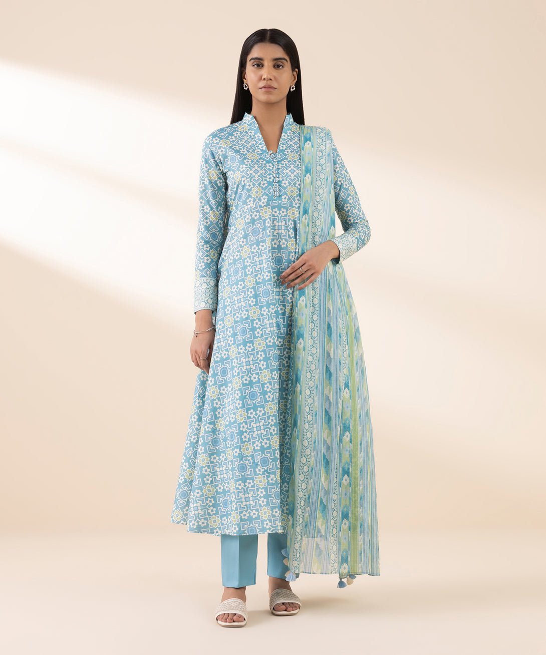 Women's Unstitched Lawn Printed Blue 3 Piece Suit