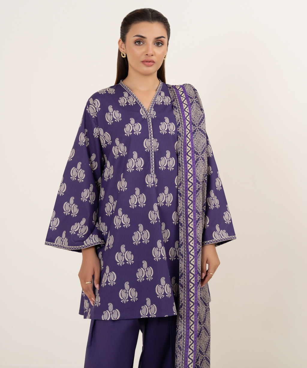 Women's Unstitched Cotton Printed Purple 3 Piece Suit