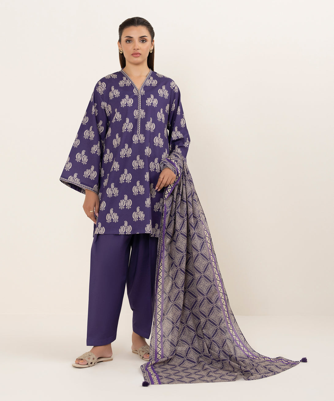 Women's Unstitched Cotton Printed Purple 3 Piece Suit