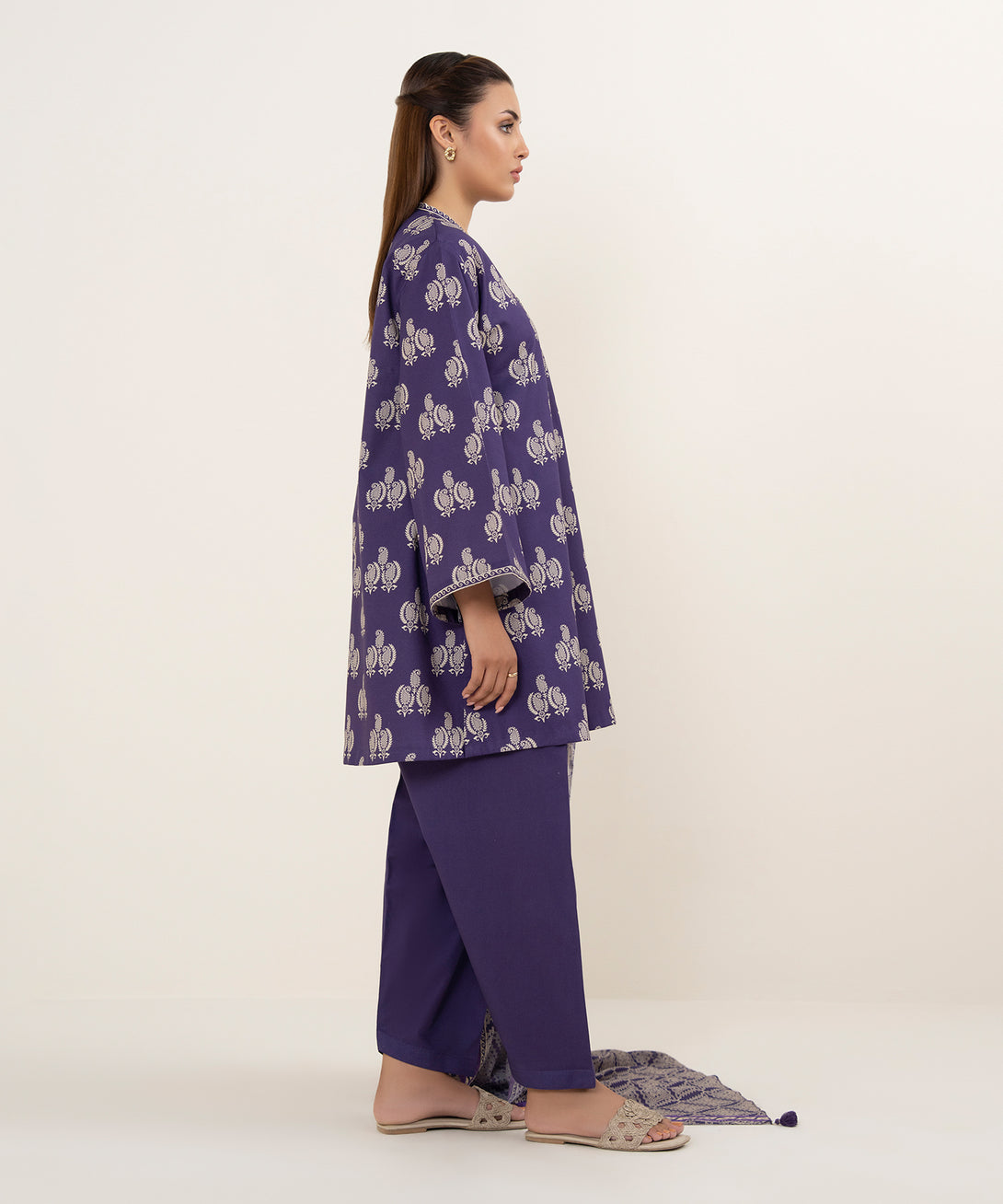Women's Unstitched Cotton Printed Purple 3 Piece Suit