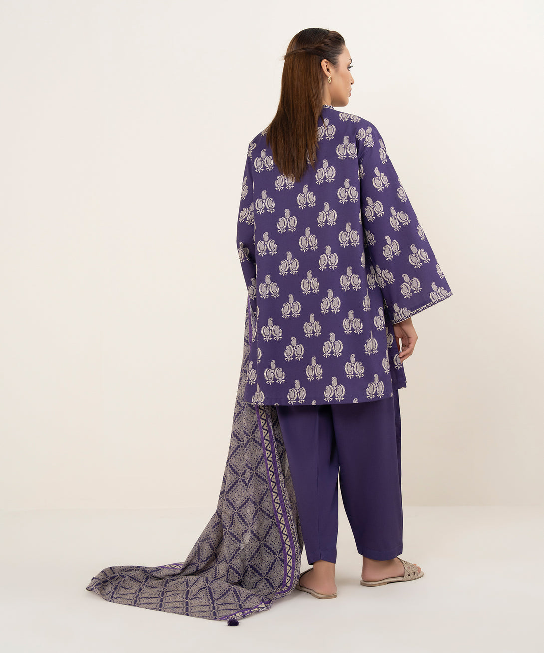 Women's Unstitched Cotton Printed Purple 3 Piece Suit