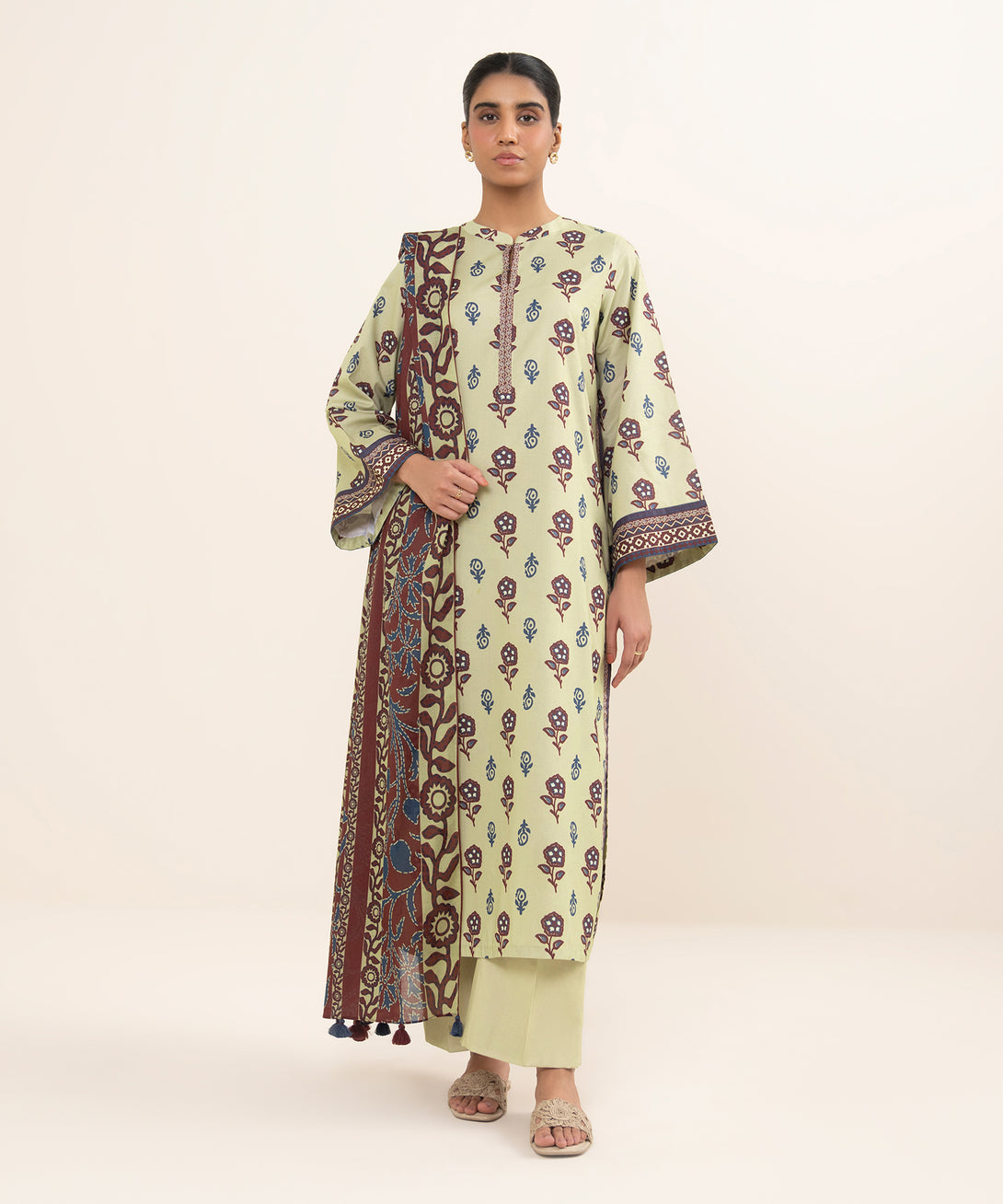 Women's Unstitched Cotton Printed Off White 3 Piece Suit