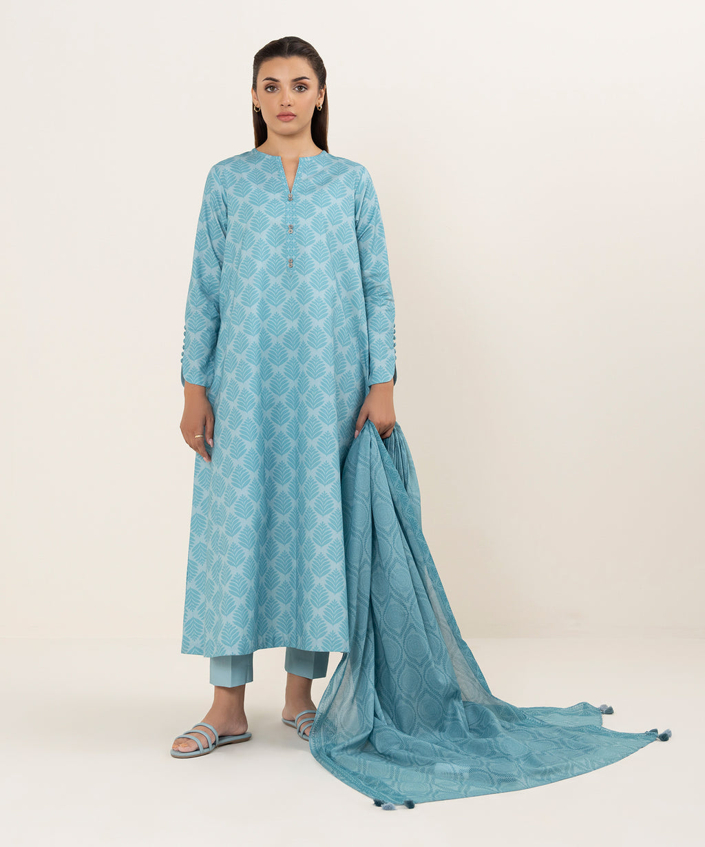 Women's Unstitched Cotton Printed Blue 3 Piece Suit