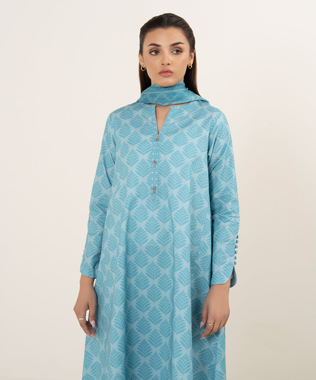 Women's Unstitched Cotton Printed Blue 3 Piece Suit