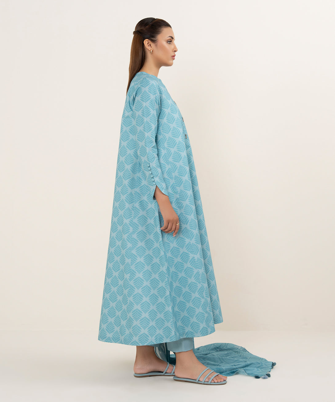 Women's Unstitched Cotton Printed Blue 3 Piece Suit