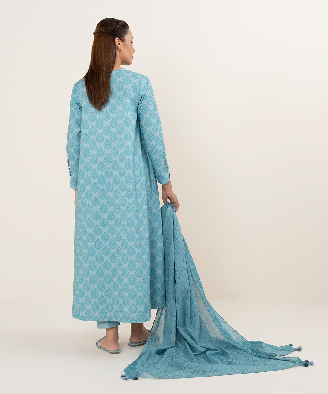 Women's Unstitched Cotton Printed Blue 3 Piece Suit