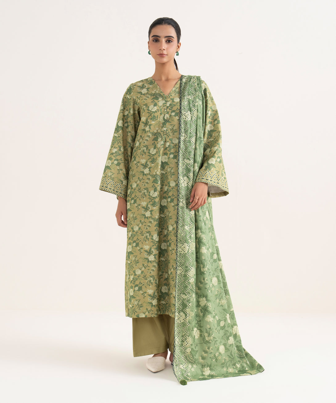 Women's Unstitched Cotton Printed Beige  Three Piece Suit