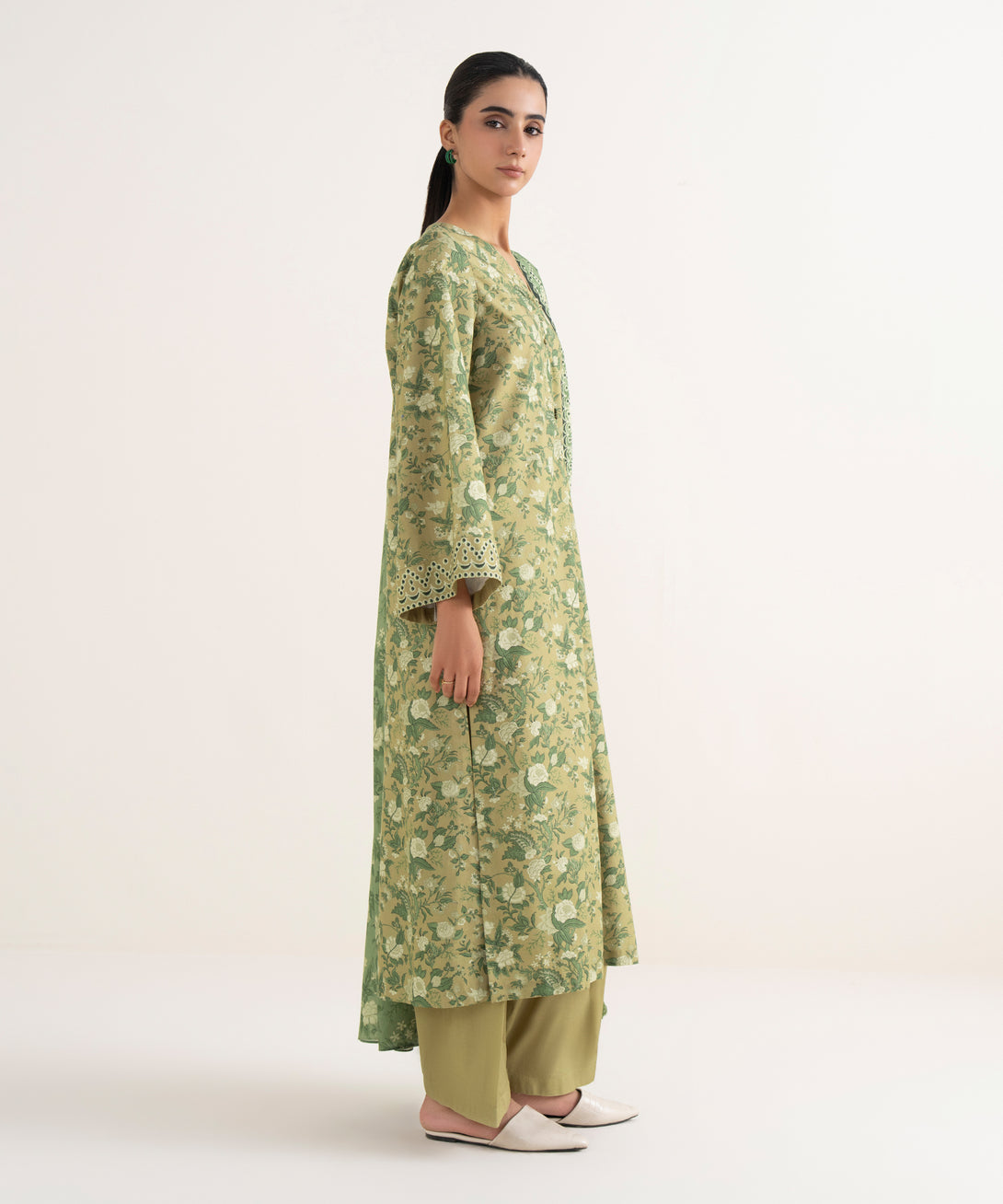 Women's Unstitched Cotton Printed Beige  Three Piece Suit