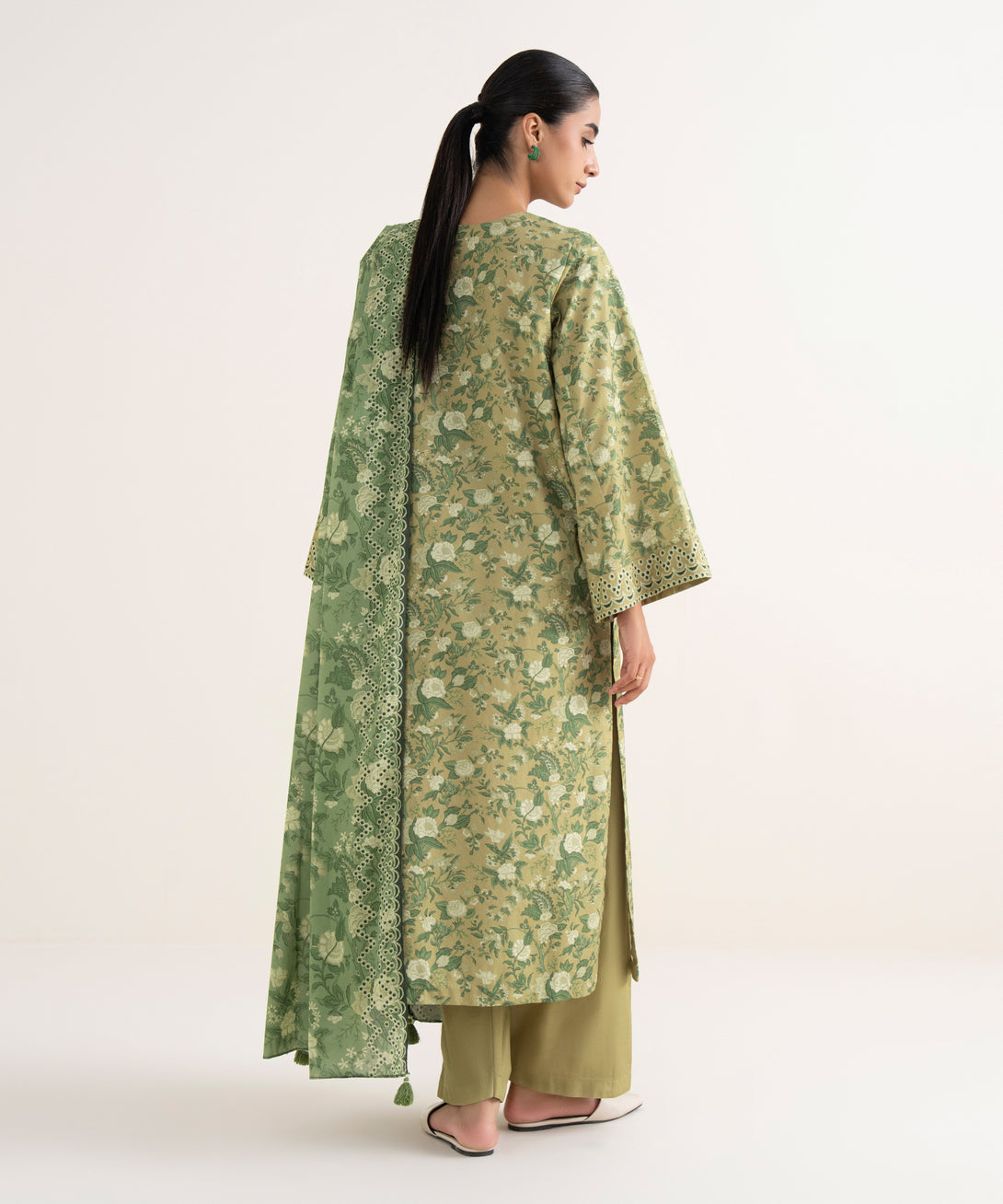 Women's Unstitched Cotton Printed Beige  Three Piece Suit