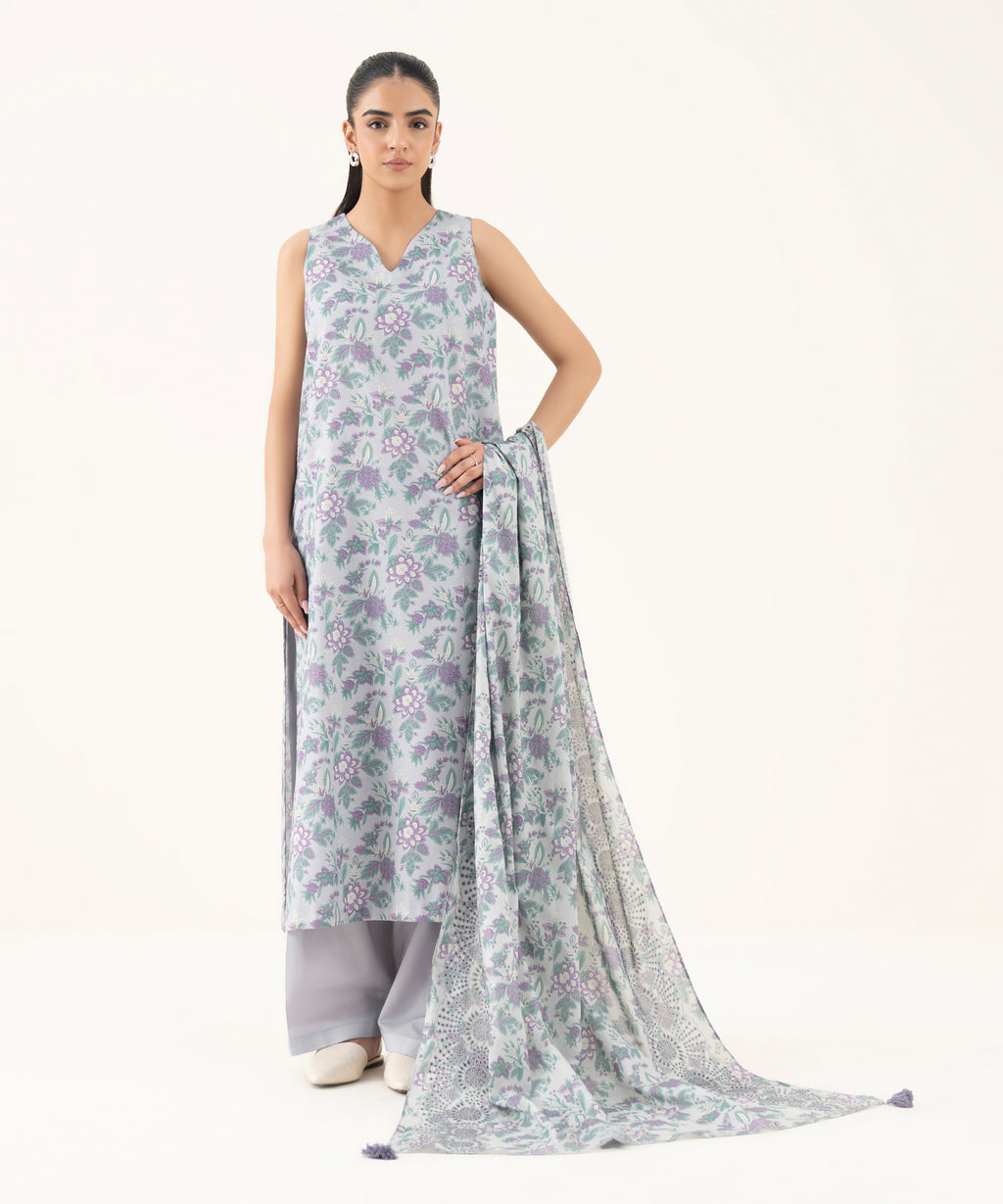 Women's Unstitched Cotton Printed Multi Three Piece Suit
