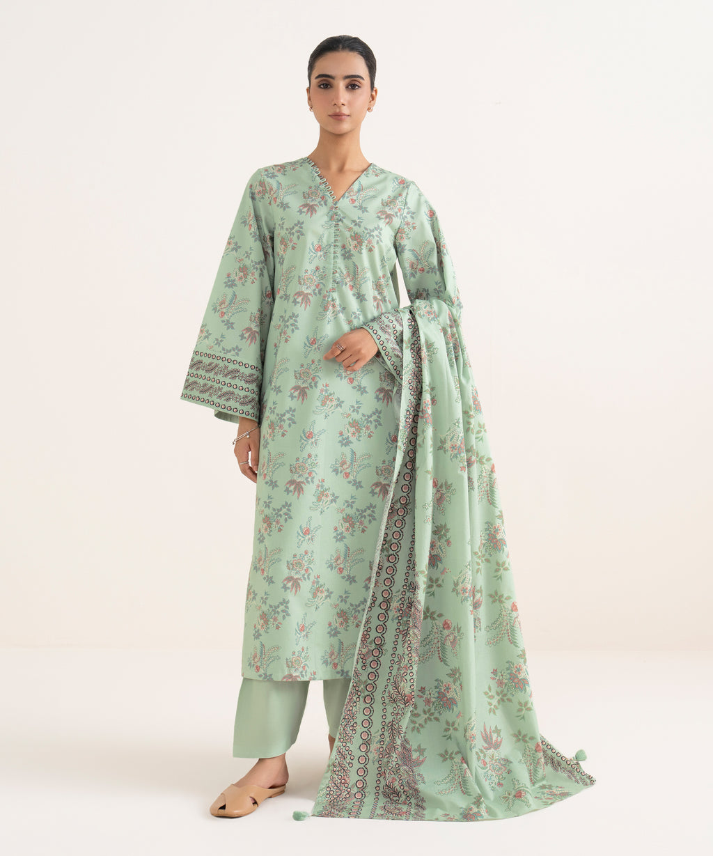 Women's Unstitched Cotton Printed Multi Three Piece Suit