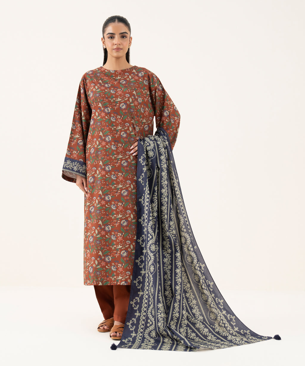 Women's Unstitched Cotton Printed Red Three Piece Suit