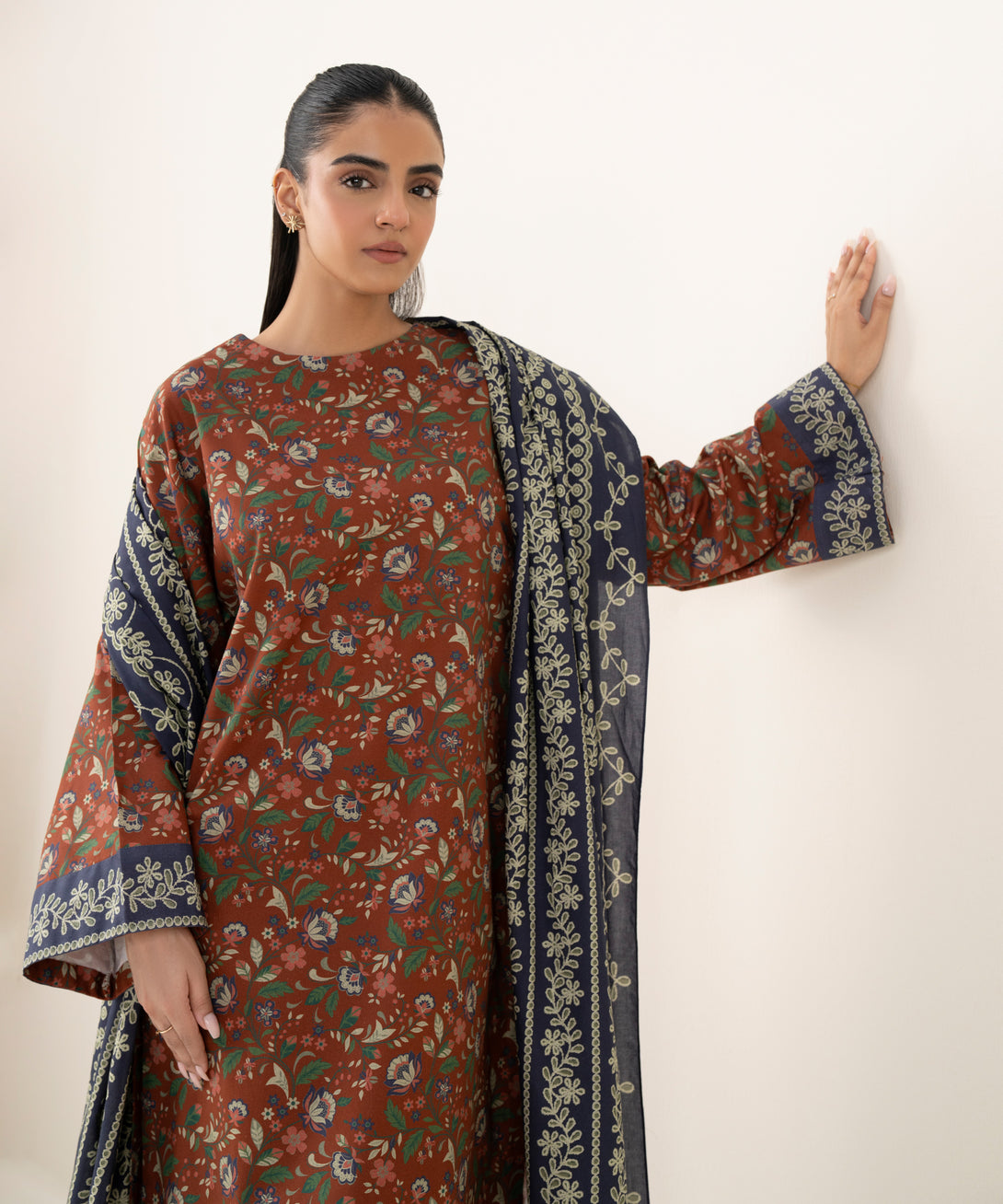 Women's Unstitched Cotton Printed Red Three Piece Suit