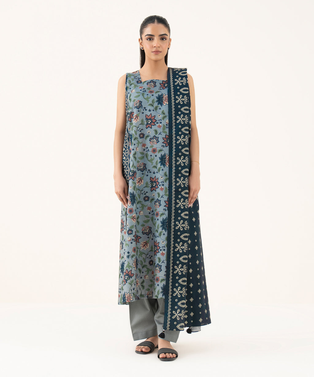 Women's Unstitched Cotton Printed Grey Three Piece Suit