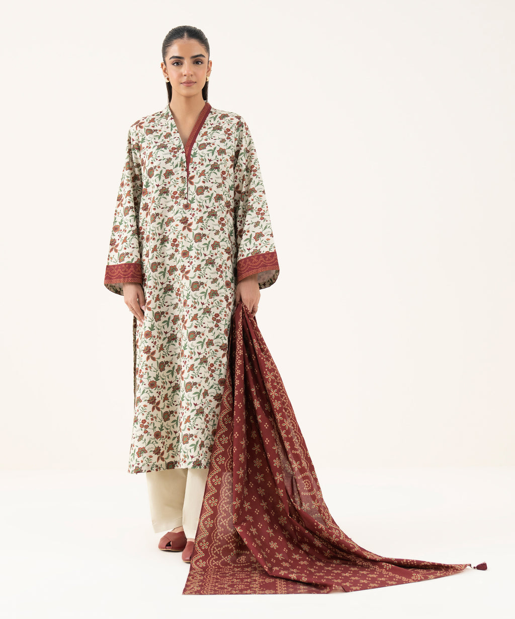 Women's Unstitched Cotton Printed Off White Three Piece Suit