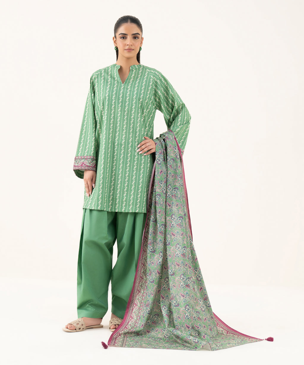 Women's Unstitched Cotton Printed Green Three Piece Suit