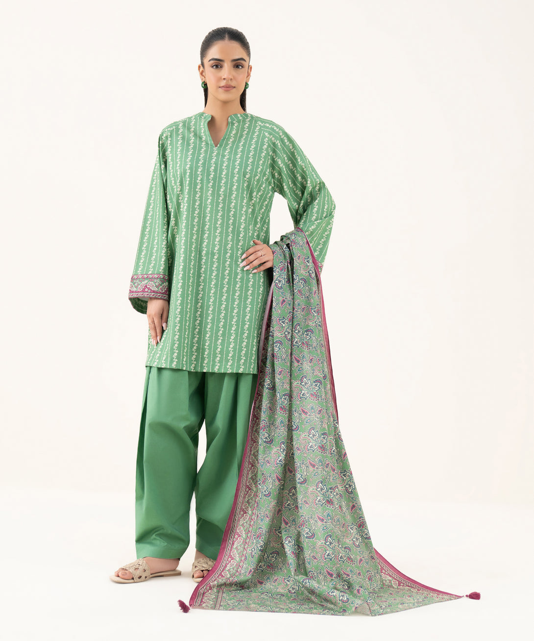 Women's Unstitched Cotton Printed Green Three Piece Suit