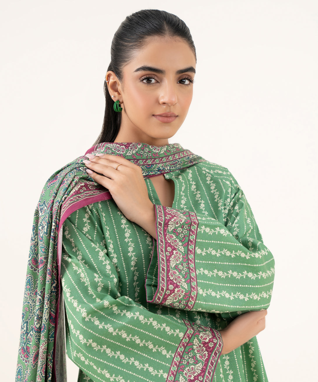Women's Unstitched Cotton Printed Green Three Piece Suit