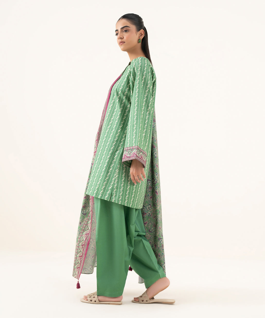 Women's Unstitched Cotton Printed Green Three Piece Suit