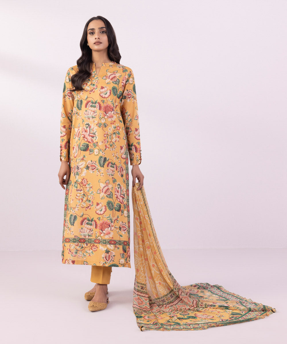 Women's Unstitched Lawn Printed Mustard Yellow 3 Piece Suit