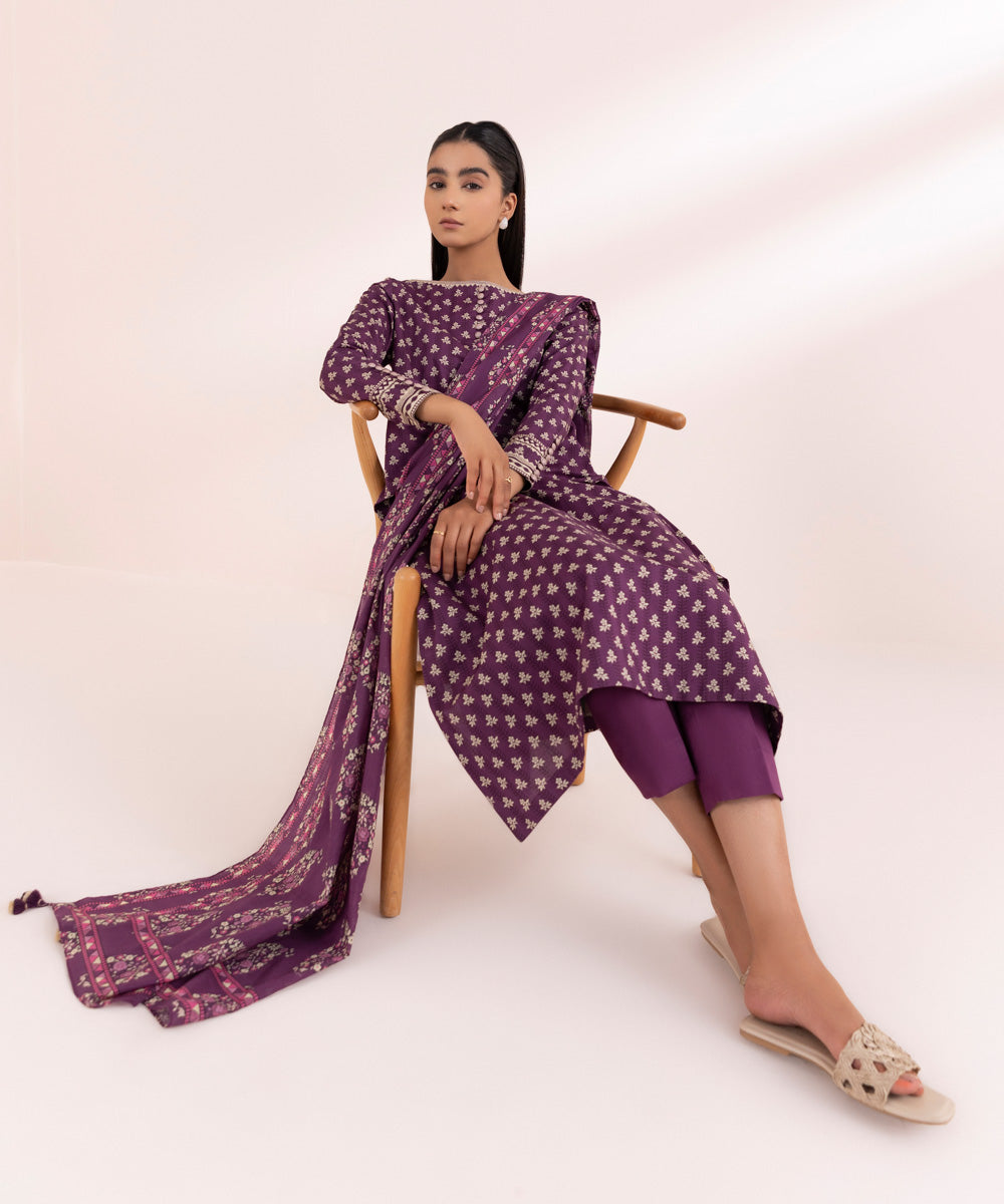 Women's Unstitched Lawn Purple Printed 3 Piece Suit