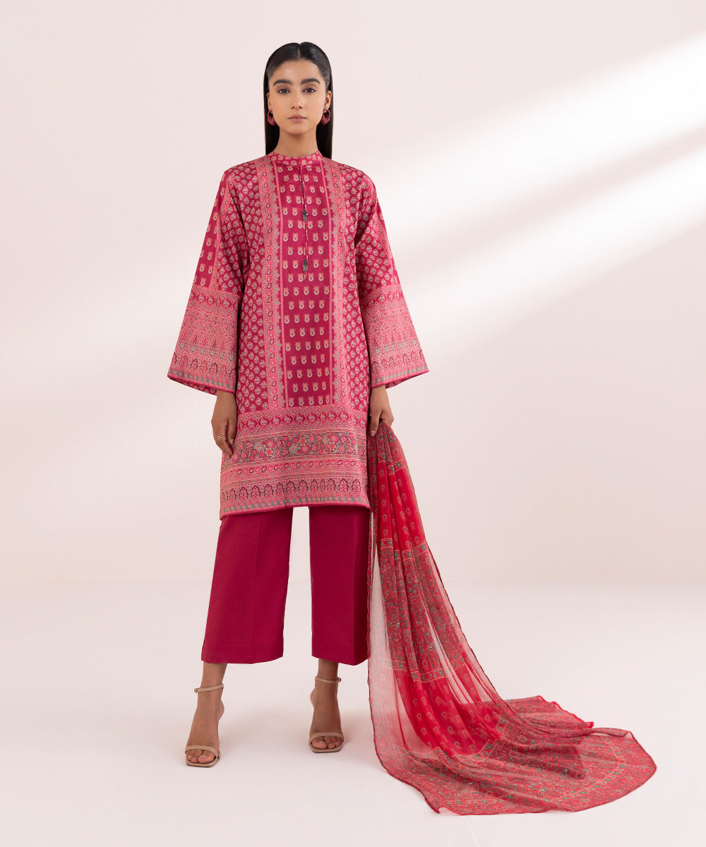 Women's Unstitched Lawn Pink Printed 3 Piece Suit