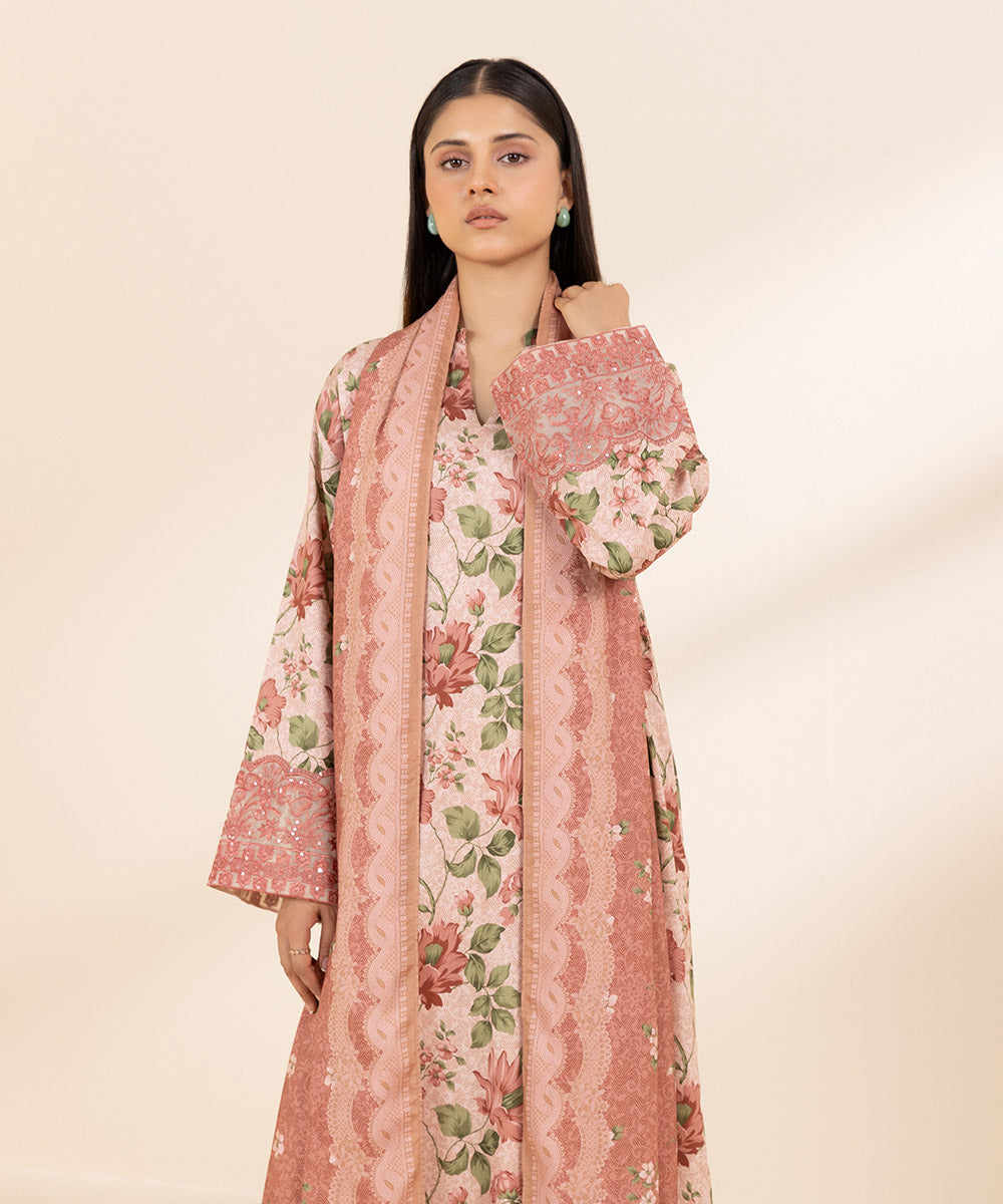 Women's Unstitched Embroidered Linen Pink 3 Piece Suit